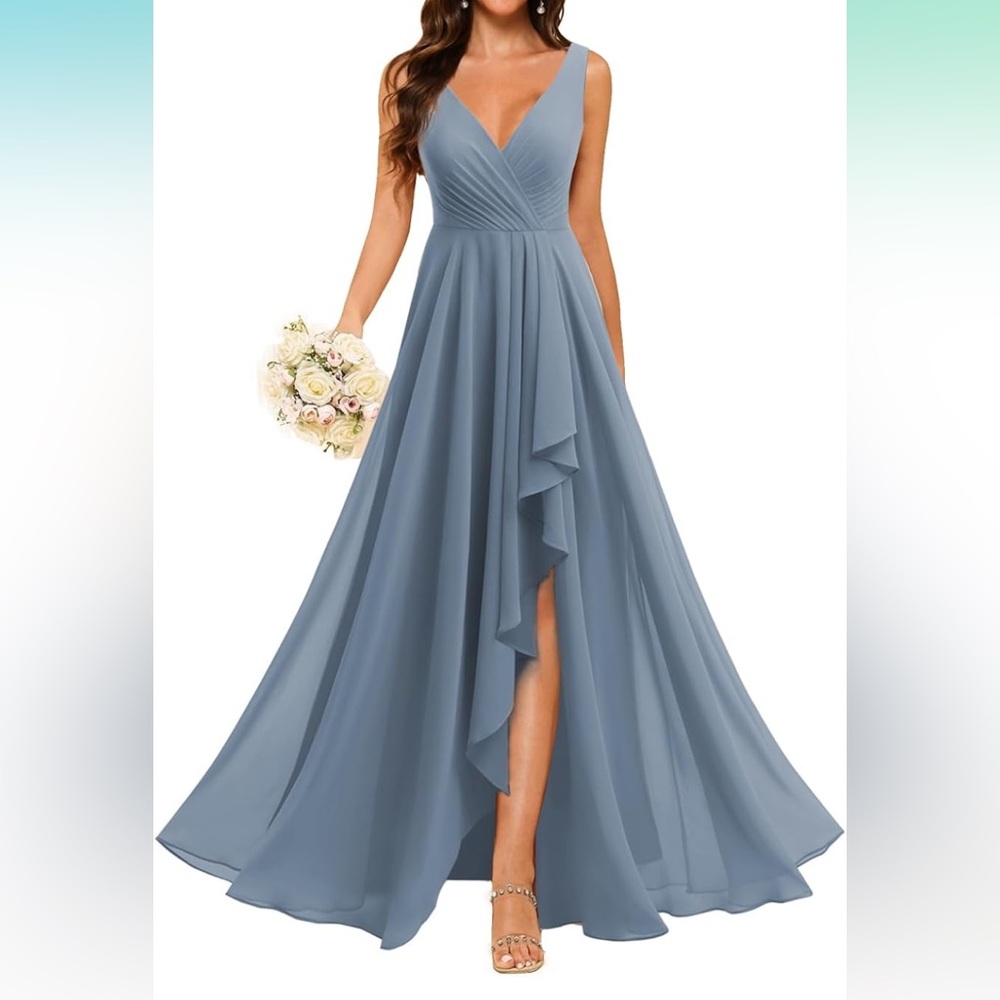 Elegant V-Neck Slate Blue Bridesmaid Dress - Unbranded